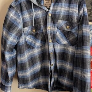 Vortex Outfitters Men's Blue Plaid Shirt Jacket(Shacket) Hooded New With Tags